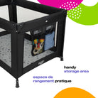 A close-up of the integrated storage pouch on the side of the playard, designed to keep essentials organized.